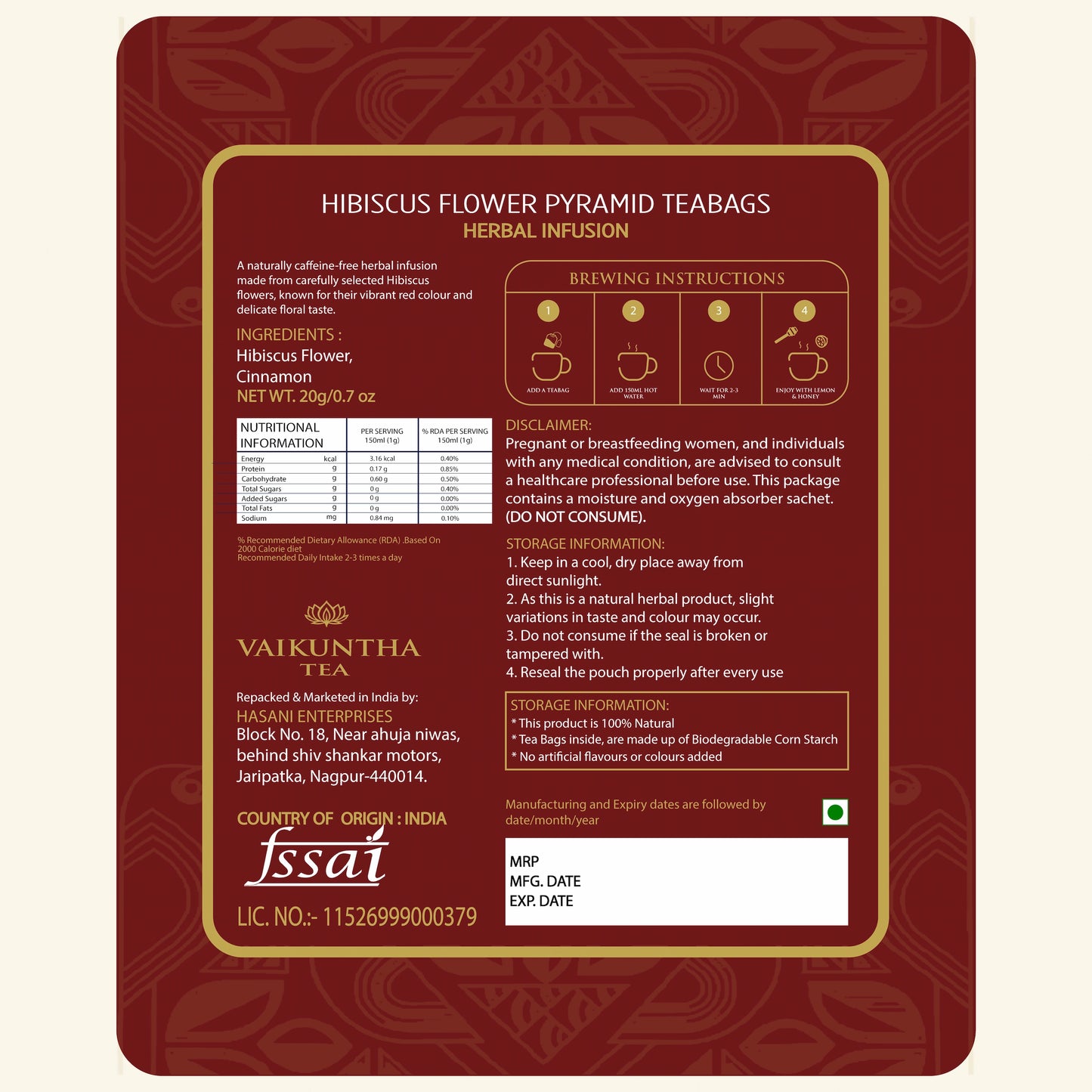 Hibiscus Herbal Tea Tisane, 30 Teabags