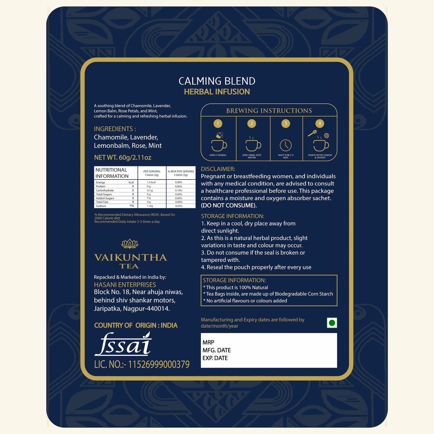 Vaikuntha calming blend herbal infusion package with text and branding.