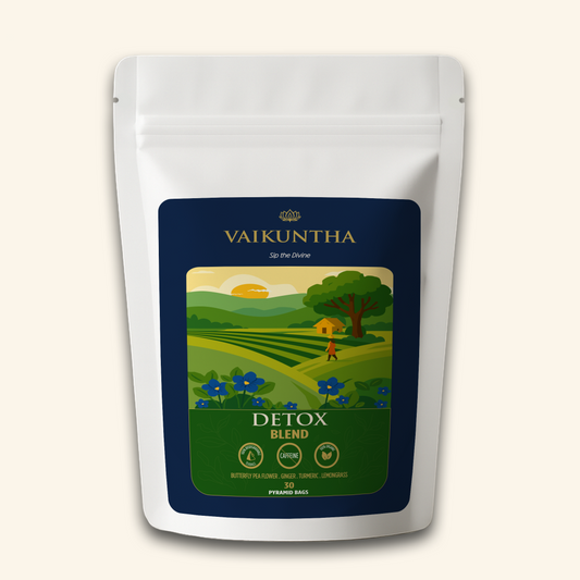 Valkuntha Detox Blend packaging with a scenic design on a white background