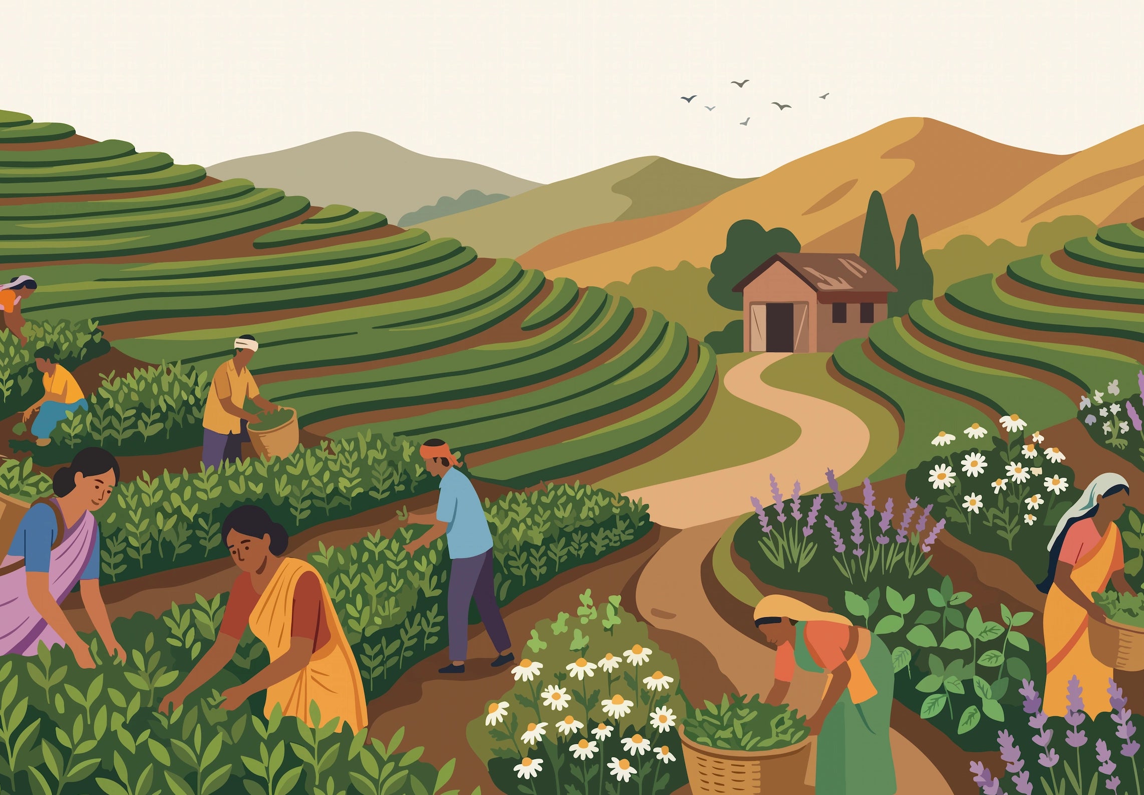 Illustration of people working in a lush green landscape with terraced fields and mountains.