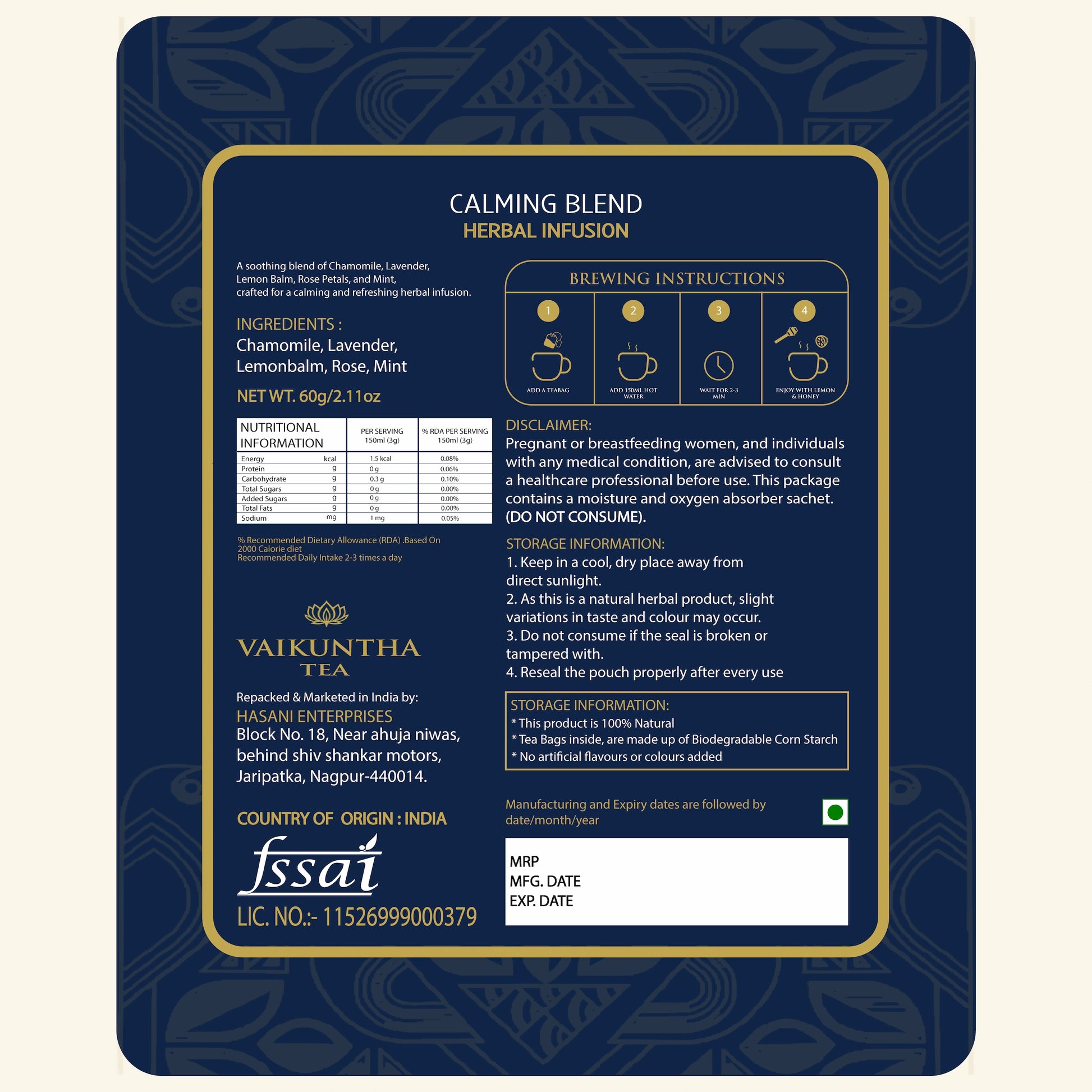 Vaikuntha calming blend herbal infusion package with text and branding.