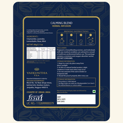 Vaikuntha calming blend herbal infusion package with text and branding.