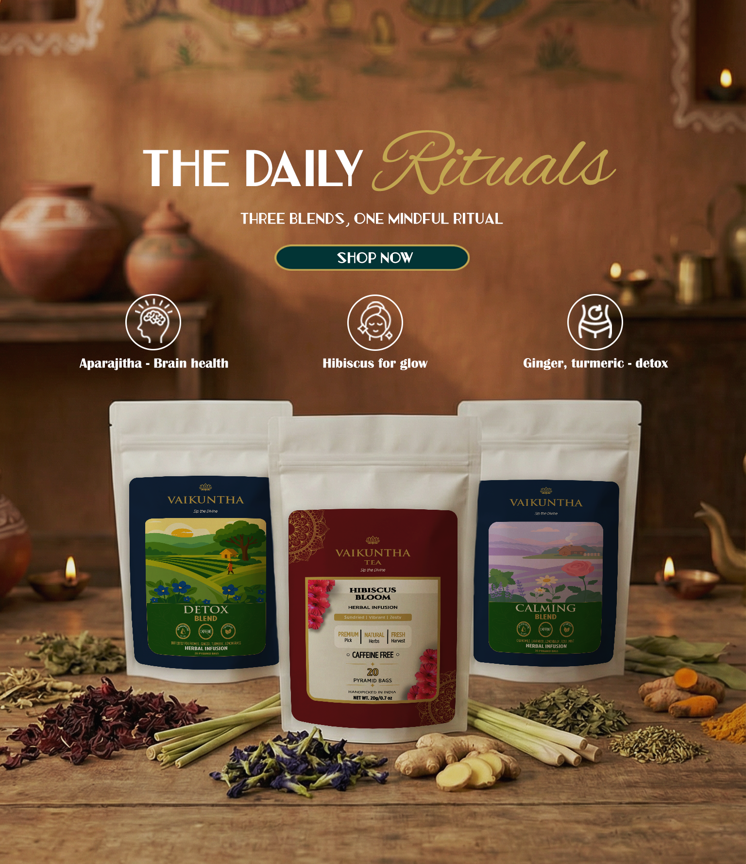 Three packages of 'The Daily Rituals' on a wooden surface with herbs and candles in the background.
